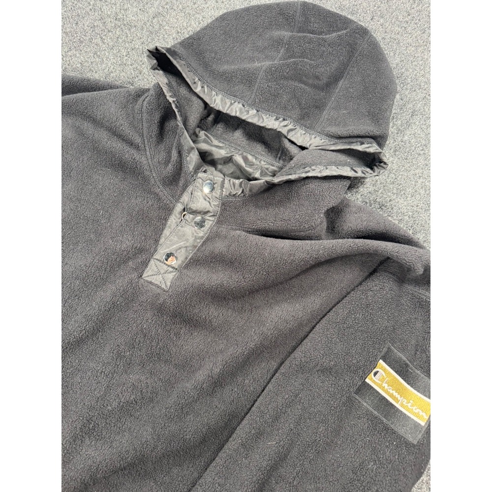 Champion Reversible Pullover Jacket Mens Black Fleece Nylon Hooded Anorak